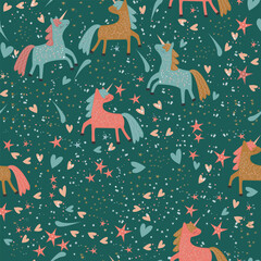 Vector pattern with cute unicorns. Magic background with little unicorns.