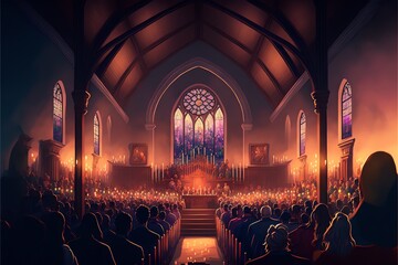Easter mass in church, lighted candles and singing hymns. Generative AI - obrazy, fototapety, plakaty