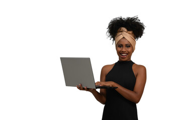 Fototapeta na wymiar woman holding laptop computer typing on keyboard looking at camera, black woman