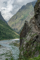 View of Marshyangdi river and Tal village as seen on route of Around Annapurna Trek to Chamje village from Tal village, Lamjung district, Gandaki zone, Nepal Himalayas, Nepal