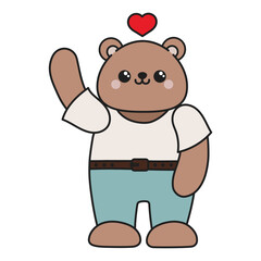 Cute cartoon bear waving his paw. with a heart