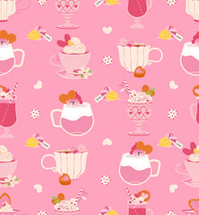 Pink Valentine's Day seamless pattern with cute cups, mugs, hearts, coffee, latte and sweets. Vector romantic illustration background for for card, fabric, wallpaper or wrapping paper