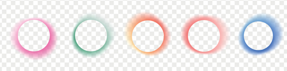 Abstract gradient circle frames set. Colored light glow round buttons. Vector illustration isolated on transparent background © Viktoria