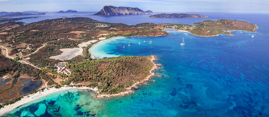 Sardegnia island nature scenery and best beaches. Aerial drone panoramic view of  beautiful...