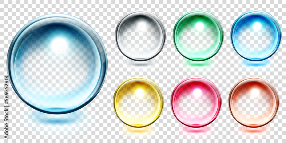 Wall mural set of bright translucent colored spheres with glares and shadows on transparent background. transpa