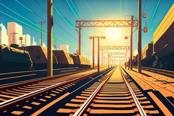 Fototapeta na wymiar daylight vertical picture of railroad tracks Generative AI