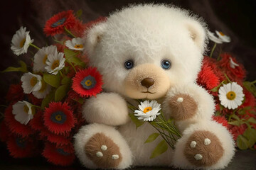 Teddy bear with red flowers on the side symbolizing love.Research in the area of psychology points out that giving a teddy bear to someone who is far away is a way of saying "I'm with you".
