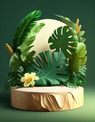 Mock up for product presentation promotion. Podiums with still life composition. Monstera and tropical leaves. 