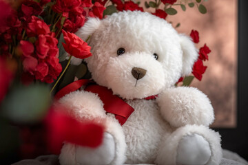 Teddy bear with red flowers on the side symbolizing love.Research in the area of psychology points out that giving a teddy bear to someone who is far away is a way of saying "I'm with you".