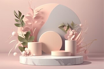 Mock up for product presentation promotion. Podiums with still life composition. Pastel colors. 