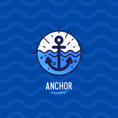 Blue anchor in the sea illustration for t-shirt print or invitation card. Vector illustration design