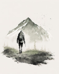 a travel concept illustration of a wanderer hiking alone in the wilderness