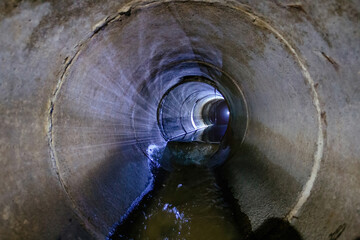 Sewage flowing inside round underground urban sewer tunnel