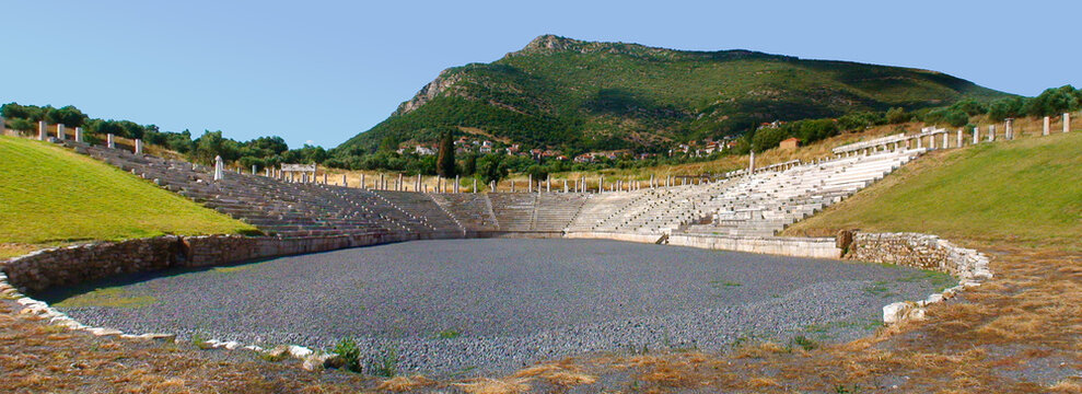 panoramic view of the ancient stadium of Ithomi (ancient Messinia built by Epaminondas after the defeat of Sparta), is a site blessed by the Gods because one of the best preserved in Greece, in the Pe