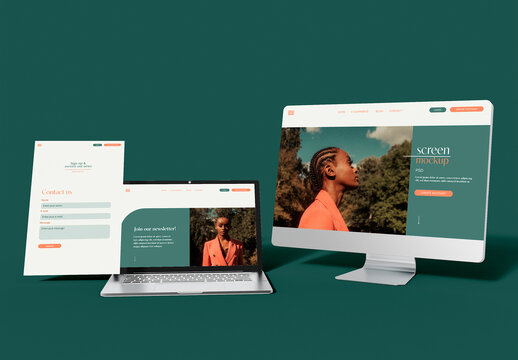 Computer and Laptop with Web Page Screens Mockup        
