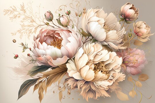 Bouquet of delicate peonies on a dark background. AI