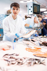 Male seller in apron standing near counter offering fresh fish hake to the buyer