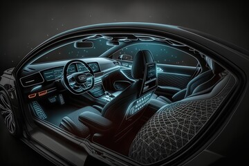 Diagnostic Auto in HUD style. Scan Automobile in 3D visualisation hologram. AI.