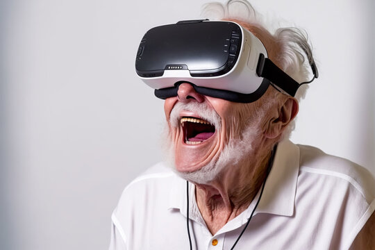 Old man play in virtual reality glasses. Surprised emotions.3D render illustration.