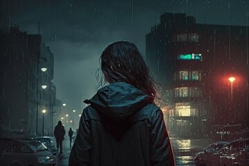 Cute Anime woman looking at the cityscape by night time. A sad, moody. Manga, lofi style. AI.