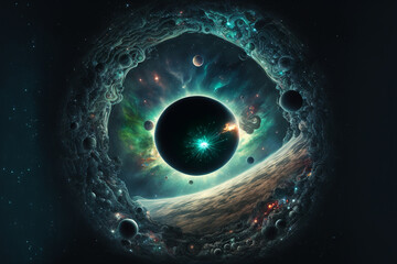 A view of space, stars, and galaxies. AI generation. 