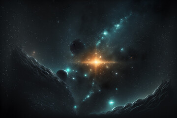 A view of space, stars, and galaxies. AI generation. 