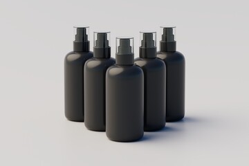 Black Plastic Spray Multiple Bottle Mockup. 3D Illustration