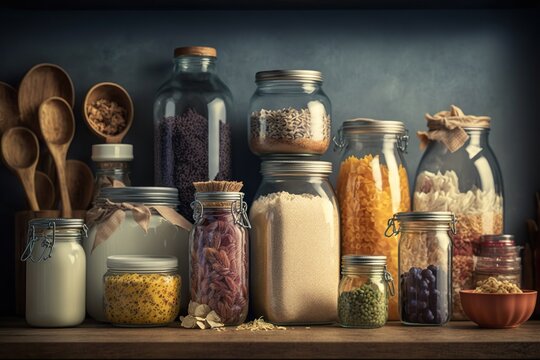 Kitchen jars filled with bulk foods and products reducing packaging waste, concept of Reusable Containers and Bulk Shopping, created with Generative AI technology
