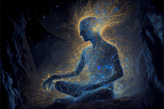 Meditation with background with glowing energetic light field in space