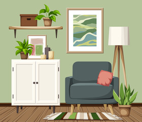 Living room interior with green walls, a white cabinet, an armchair, a floor lamp, and houseplants. Cozy modern interior design. Cartoon vector illustration
