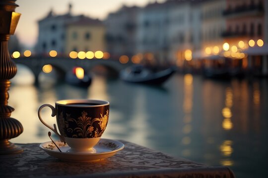 image. cup of coffee, blurred background of venetian canal, generative ai