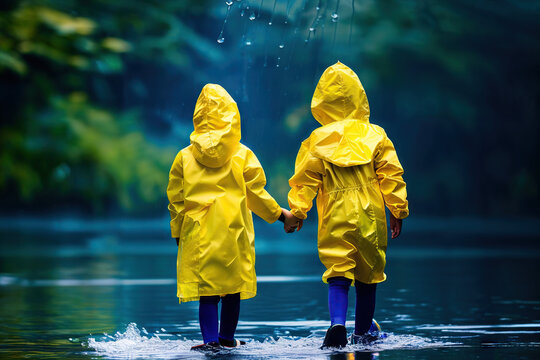Pair of Kids With Yellow Rain Ponchos Holding Hands in the Rain Generative AI Photo