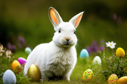 A White Bunny Rabbit Amidst a Field of Flowers With Easter Eggs Generative AI Photo