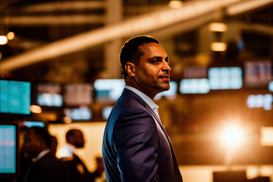 African American Businessman Set Amidst the Lively Trading Room Ambiance Generative AI Photo