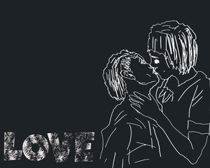 Two persons kissing passionately with love written on the left. Black and white.