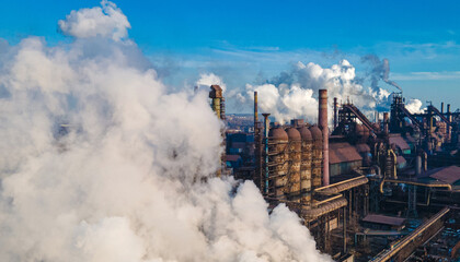 Obraz na płótnie Canvas industry metallurgical plant dawn smoke smog emissions bad ecology aerial photography