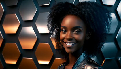 beautiful black woman smiling, on a futuristic background. Generative AI
