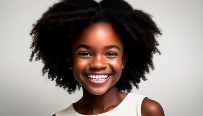beautiful little black girl smiling, on a light background. Generative AI