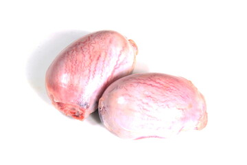 Raw lamb testicles on white background