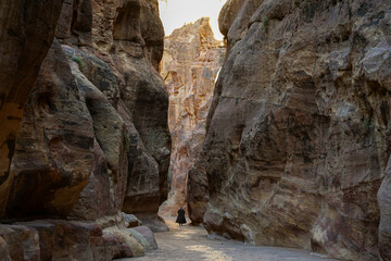 Petra Al siq canyon, entrance to Petra famous Nabatean city, Jordan