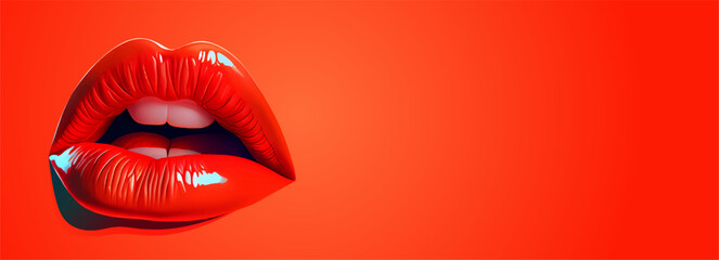 Glossy red lips on red background. Red sexy female lips, beautiful lips, beauty, red lipstick. AI. Copy space. Vector illustration
