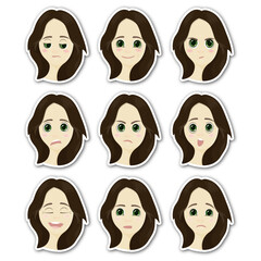 set of women faces stickers emotions