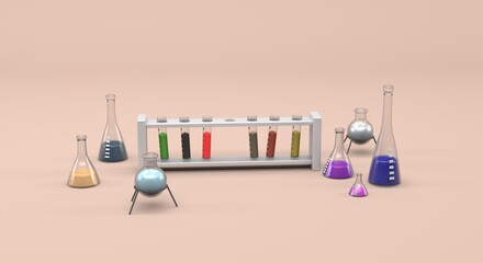 several experiment flasks with liquids inside (3d illustration)