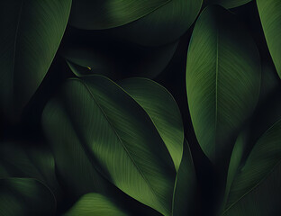 Obraz premium dark green leaves on dark background - generative aI
