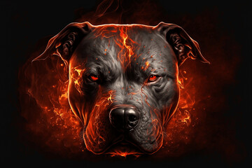 Portrait of a pitbull head and fire background - obrazy, fototapety, plakaty