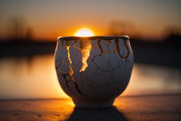 Kintsugi Pottery Vase in the Sunset. Generative AI. - obrazy, fototapety, plakaty