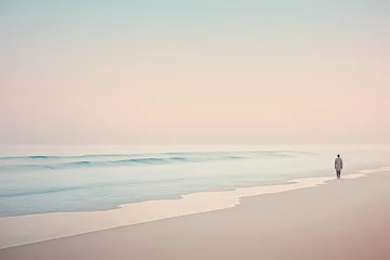 Fotobehang Dreamlike Soft Colors Peaceful Beach With Tranquil Waves. Lone Figure Standin on Shore. Generative AI. © Henry Letham