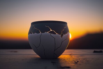 Kintsugi Pottery Vase in the Sunset. Generative AI.