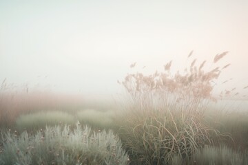 A Field of Tall Grass in the Fog. Soft Muted Pastel Hues Colors. Generative AI.