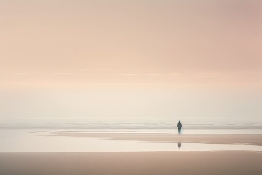 Dreamlike Soft Colors Peaceful Beach With Tranquil Waves. Lone Figure Standin On Shore. Generative AI.